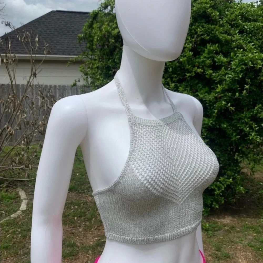 💋NWT Lovers + friends silver metallic halter bikini swim top - Picture 5 of 13